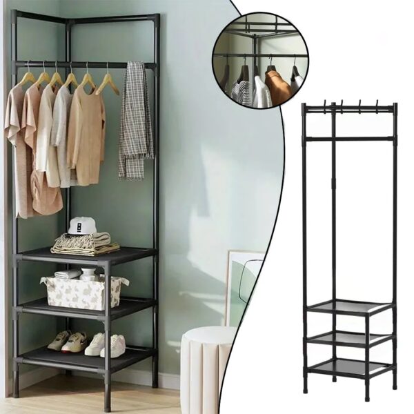 علّاقة ملابس زاوية بثلاثة رفوف تخزين قماشية متعددة الوظائف