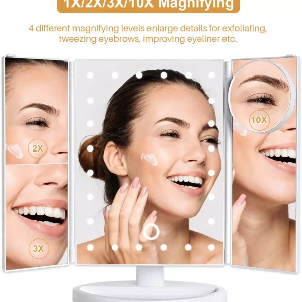 مراة مكياج باضاءة بيضاء ثلاثية الطي