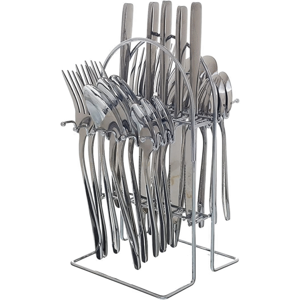 طقم معالق وشوك وسكاكين ستانلس ستيل 24 قطعة مع حامل